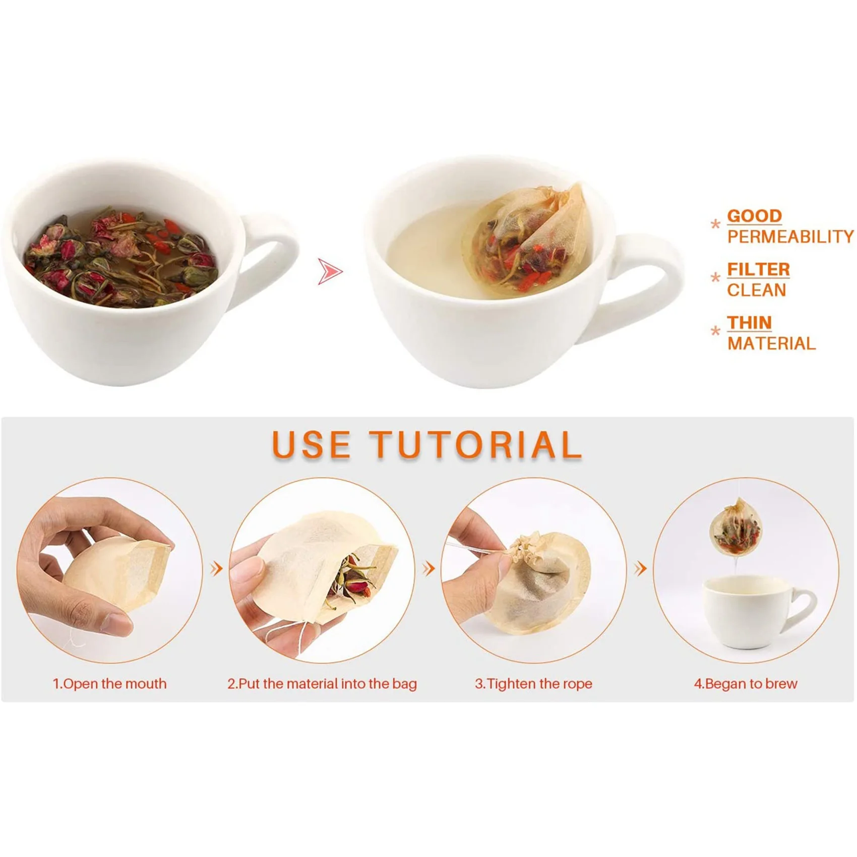VOFUN-Tea Bags, 600Pcs Disposable Empty Tea Bags Tea Infuser Drawstring Teabags Safe Natural Material Tea Bags, Round Shape