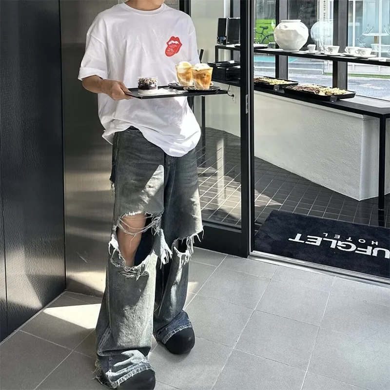 남녀공용 데미지 홀 배기 와이드 레그 진 스트리트웨어 캐주얼 로파 옴브레 데님 트라우저 오버사이즈 팬츠