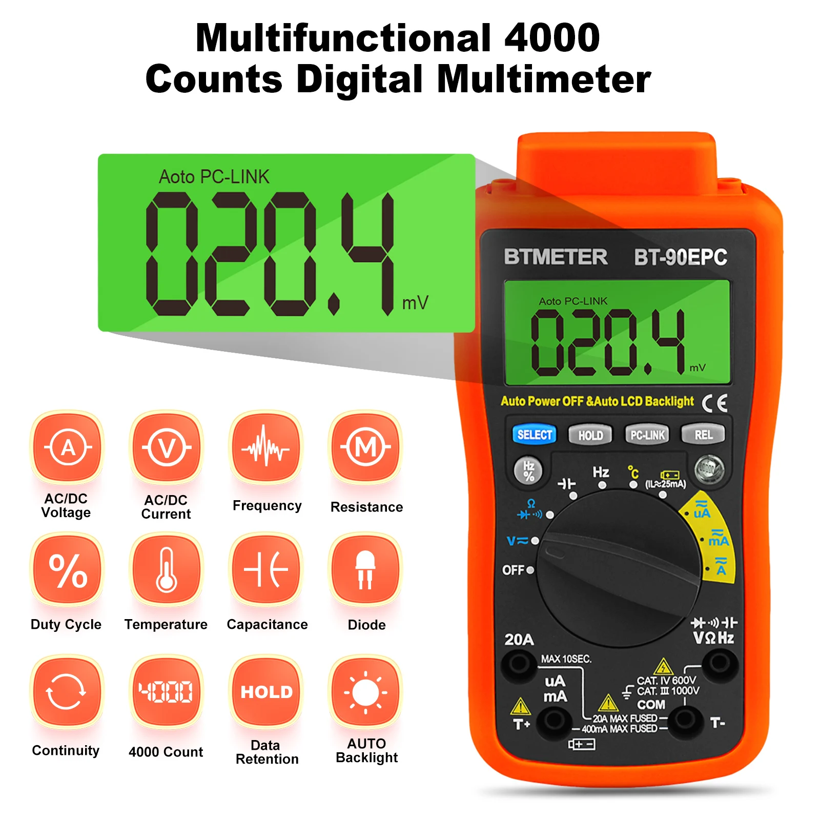 Btmeter BT-90EPC Digitale 4000 Counts Multimeter Auto Ranging Ac/Dc Voltage Current Meter Tester 1000V Met Usb Back licht
