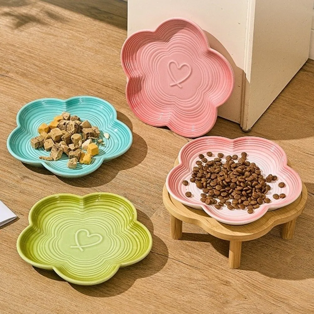 Large Capacity Ceramic Elevated Cat Bowl Cervical Spine Protection Anti Tipping Pet Drinking Feeder Anti-slip with Wood Stand