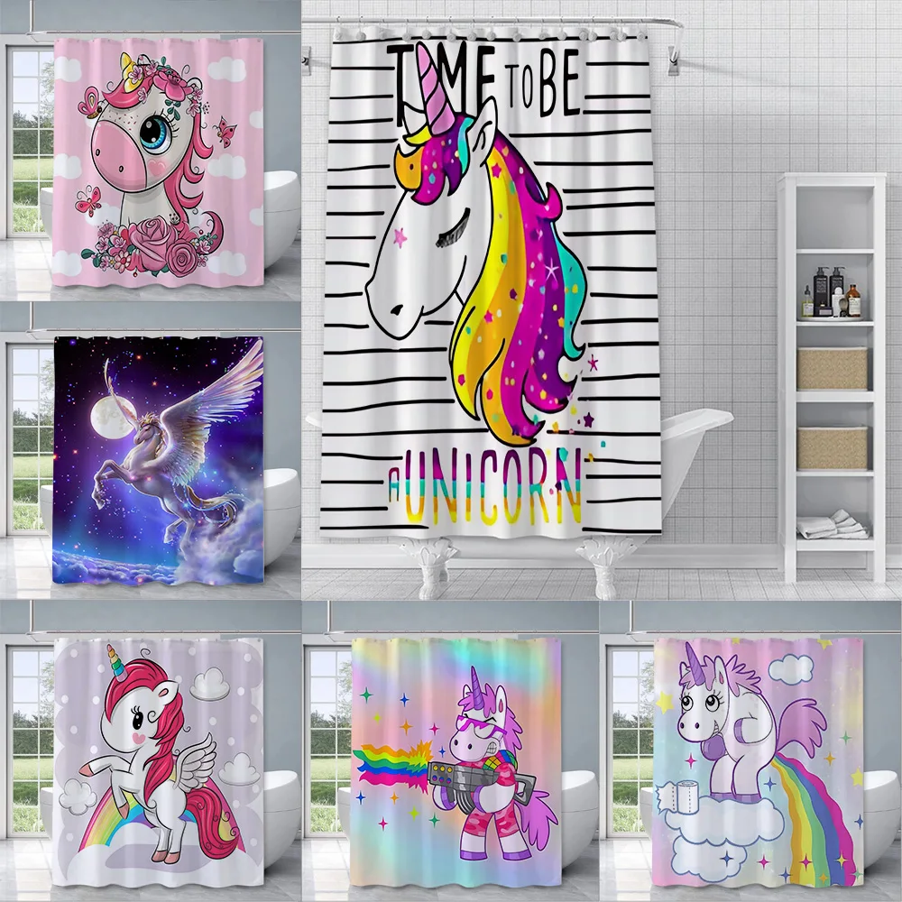 Cartoon Unicorn Shower Curtain Waterproof Polyester Fabric Paint Colorful Bath Curtains Home Bathroom Decor Curtain With Hook