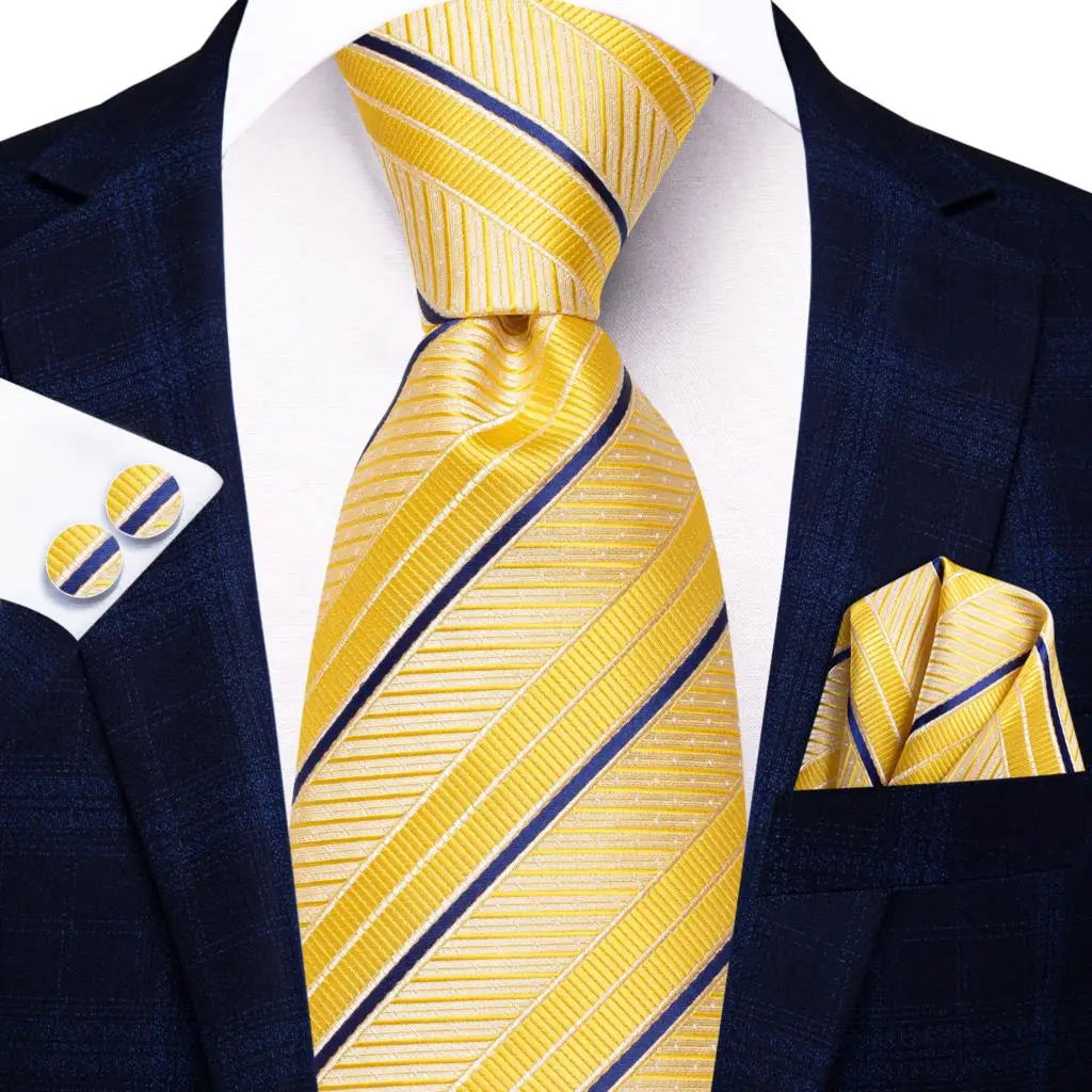 2022 New Design Yellow Blue Striped Fashion Brand Tie for Men Wedding Party Necktie Handky Cufflinks Gift Wholesale Hi-Tie