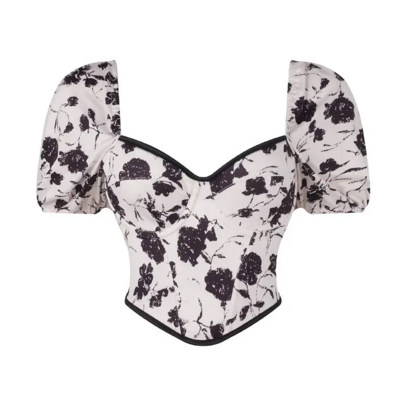 

Винтажные блузки с цветочным принтом, женское бюстье с пышными рукавами, нижнее белье, элегантный дизайн, тонкий летний корсет в стиле ретро с короткими рукавами, топ