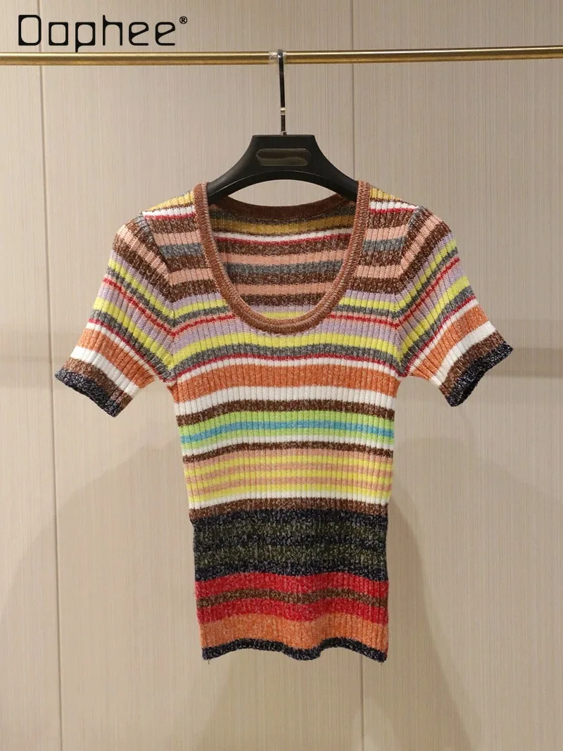 

2025 Summer Women's Striped Knit T-shirt Colorful U Neck Short Sleeve Ribbed Slim Fit Top Casual Y2K Vintage Sweater Tee Daily