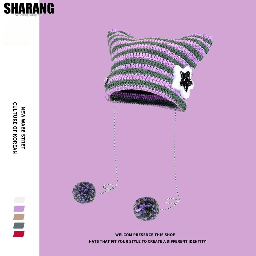 مخطط محبوك قبعة صوف الكروشيه قبعة صغيرة قبعة آذان القط وأشار البلوز قبعة Ins لطيف ستار ديكور معلقة الكرة قبعة مترهل