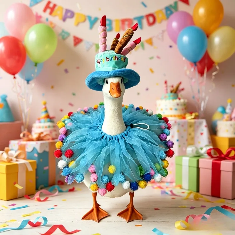 23 Inch White Porch Goose Birthday Celebration Costume with Hat and Scarf for Lawn Garden Festive Decor