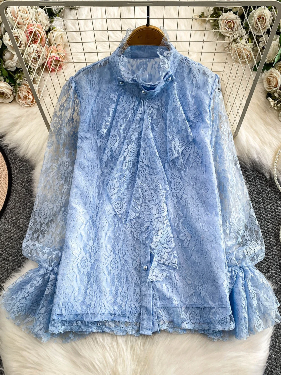 لطيف نسيم الوردي الدانتيل الوقوف طوق جرس Sve irt المرأة الخريف الشتاء تنوعا الشباب هملين الأعلى الفرنسية Sle Loos...