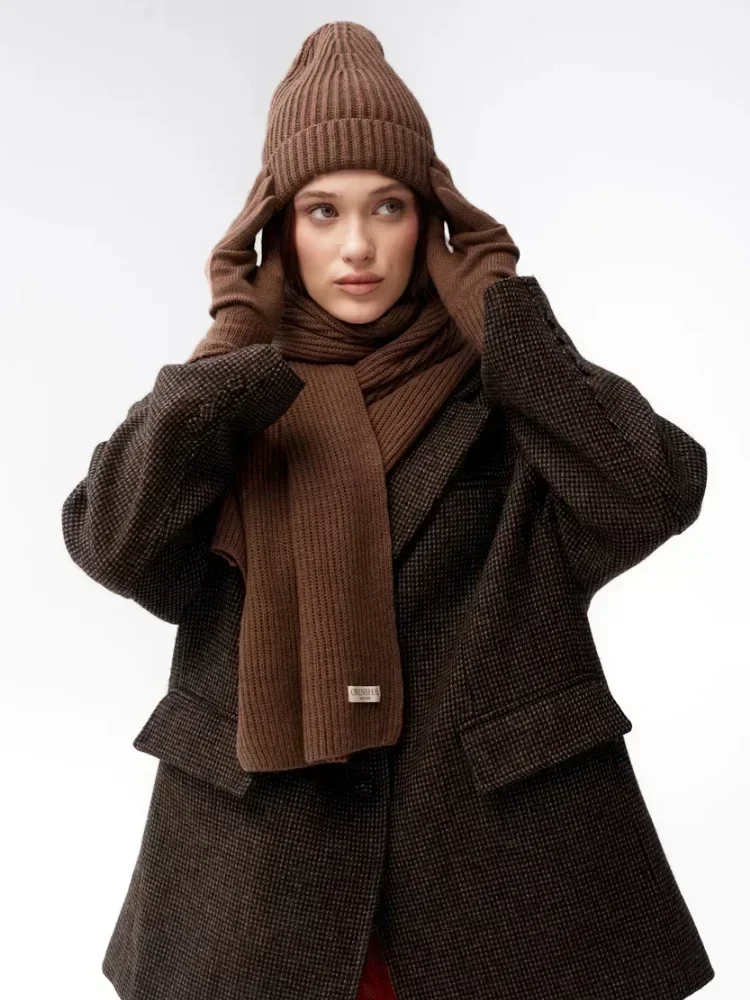 Scarves Gloves Touch Screen Gloves Solid Color Women's Korean Three-piece Set Glove Sets Women Autumn Winter Warm Knitted Hat
