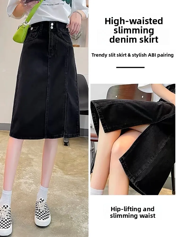 High Waist A-Line Midi Skirt for Women Slit Design Slimming Denim Half-length Commute Style mid Waist Pure Color Other Material