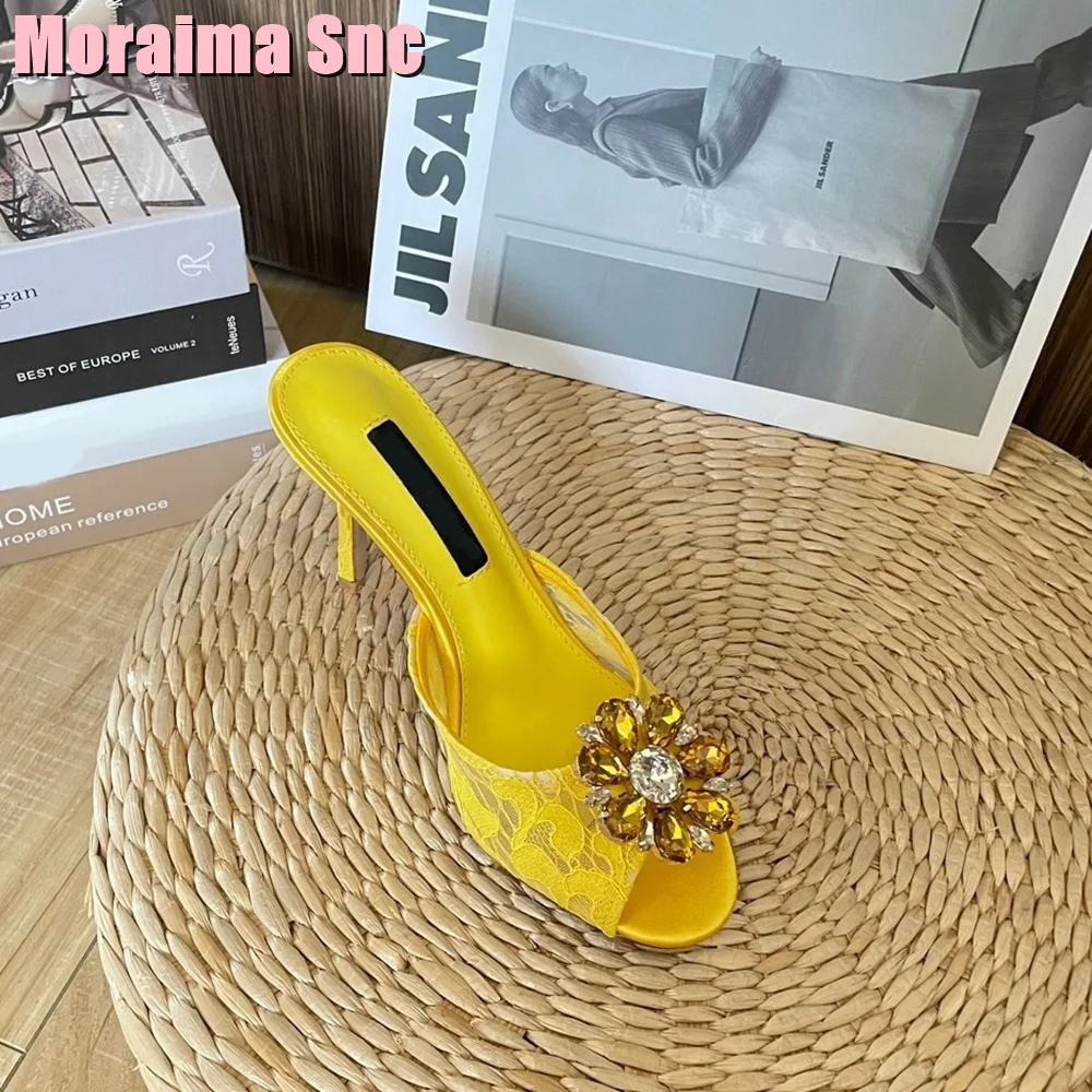 

Crystal Flower Lace Peep Toe Slippers Stiletto High Heel Slip On Sexy Women Shoes Summer Wedding Outdoor Yellow Solid New 2024