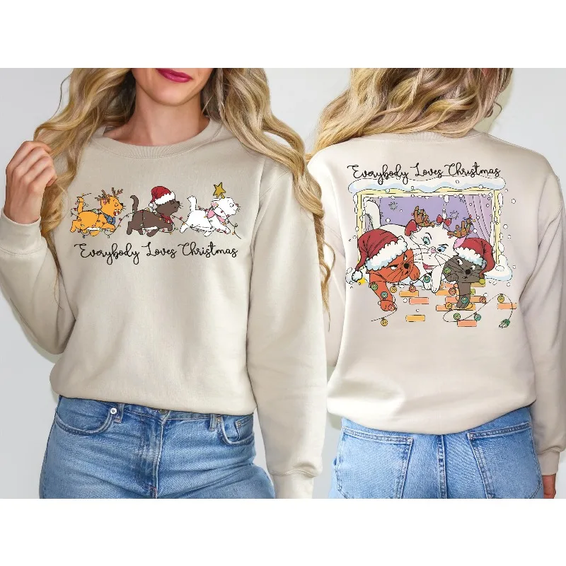 الجميع يحب المملكة السحرية البلوز. عيد الميلاد القط مغامرة ماري البلوز، عيد الميلاد السفر تي شيرت. عشاق ديزني #5