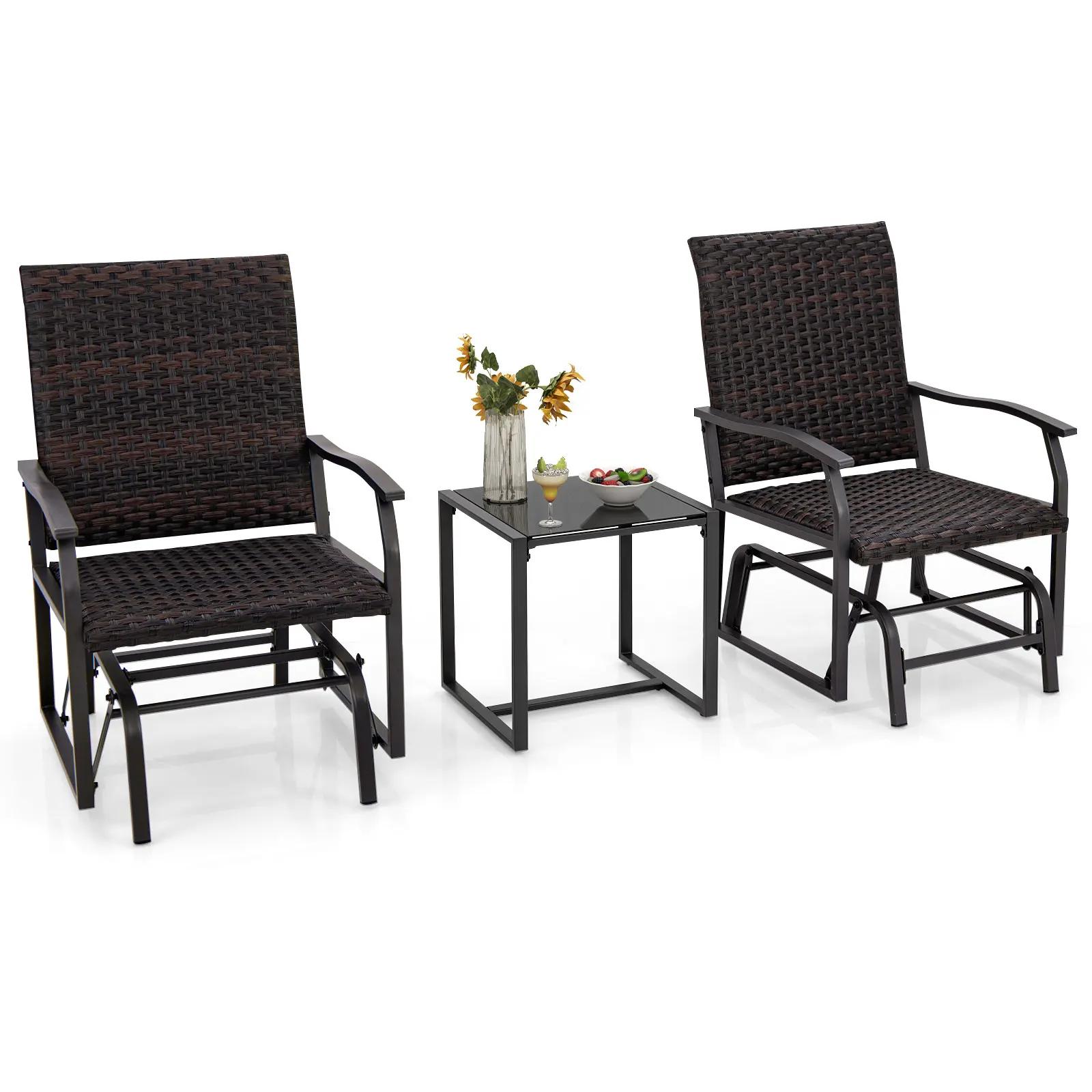 3 PCS Patio Gliding Set with Tempered Glass Coffee Table Quick Dry Foam Wicker All Weather