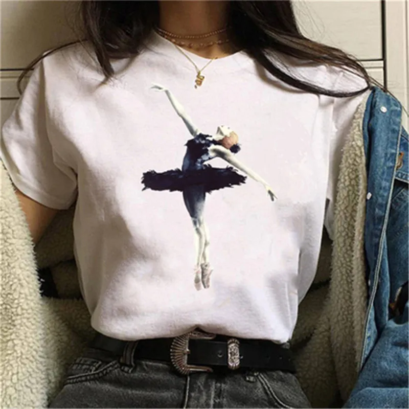 Maycaur New Ballet Printed T Shirt Harajuku Women T Shirt Cartoon Graphic Tops Tees White Ladies T-shirt Casual Woman Shirt