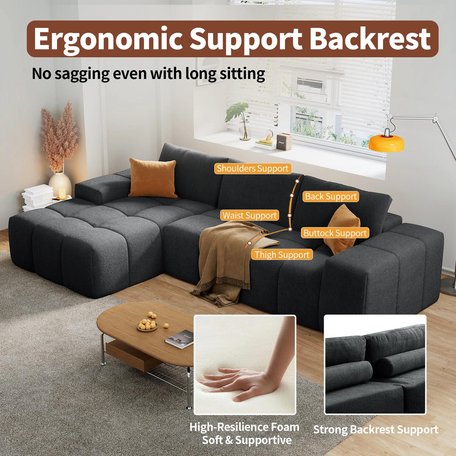 Canapé sectionnel moderne en forme de L, canapé de salon modulaire, rembourrage en tissu, design contemporain pour salon, bureau (gauche