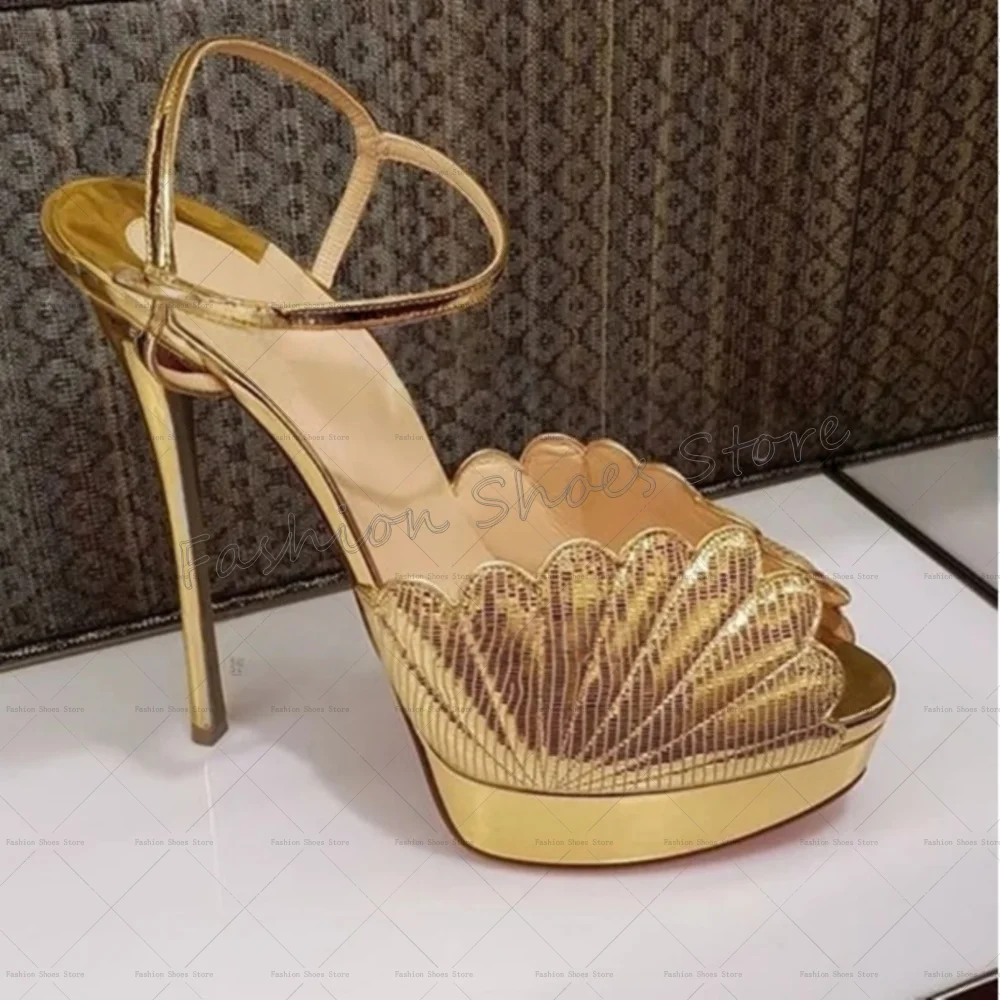 Gold Ankle Strap Platform Shell Sandals Open Toe Stilettos High Heels Heel Shoes for Women Heels 2025 New Zapatos Para Mujere