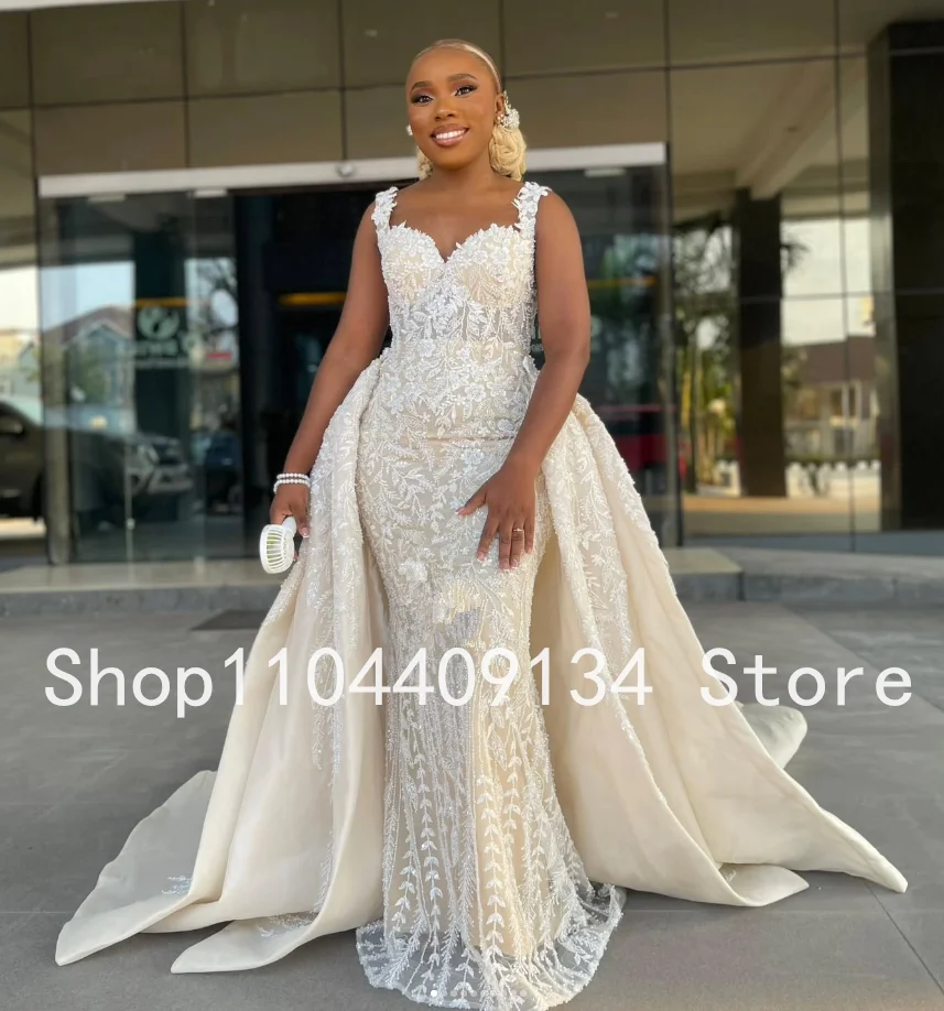 Champagne Mermaid African Wedding Dresses with Detachable Train Luxury Applique Embroidery Bridal Dress Garment Customsized