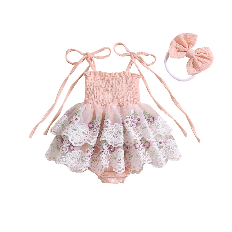 Newborn Baby Girs Clothes Sleeveless Flower Print Romper Dress with Bowknot Hairband Summer Outfit