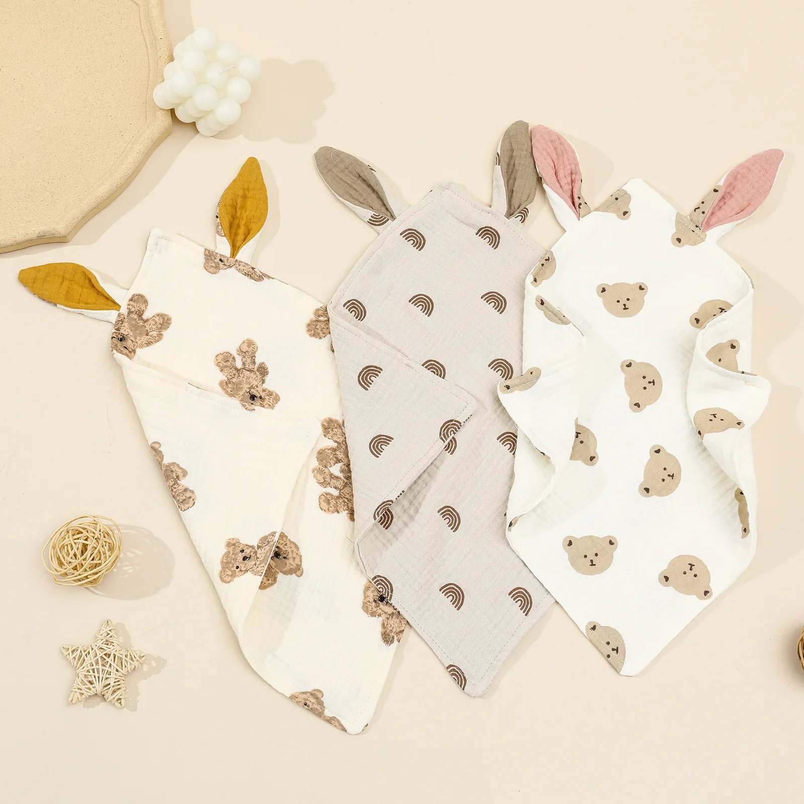 Baby Print Burp Cloth Cute Rabbit Ear Cotton Gauze Comfort Towel Newborn Sleeping Doll Soothe Appease Doll Pure Cotton Towel Bib