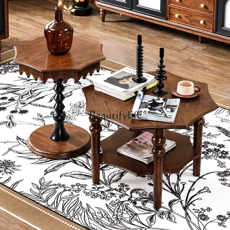 

ld38French retro pure solid wood tea, a few octagonal desktop, medium antique round simple small tea table
