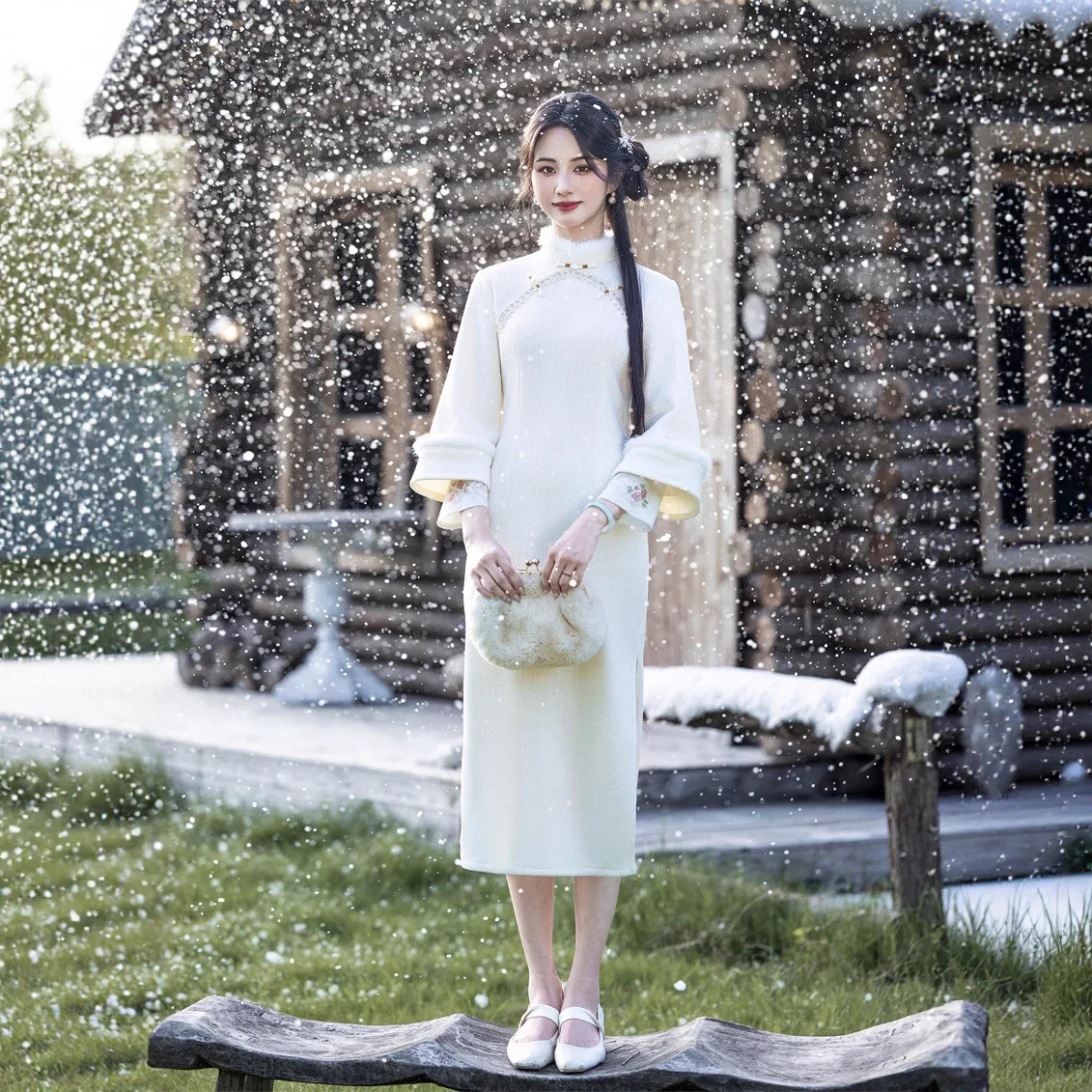 

Yourqipao Chinese Traditional Cheongsam Winter Long Double-sleeved Velvet Qipao 2026 Women Skirt