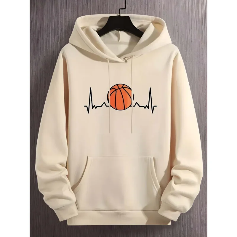 Men's stylish hooded sweatshirt with basketball-themed print, casual and relaxed street fashion top with pocket design