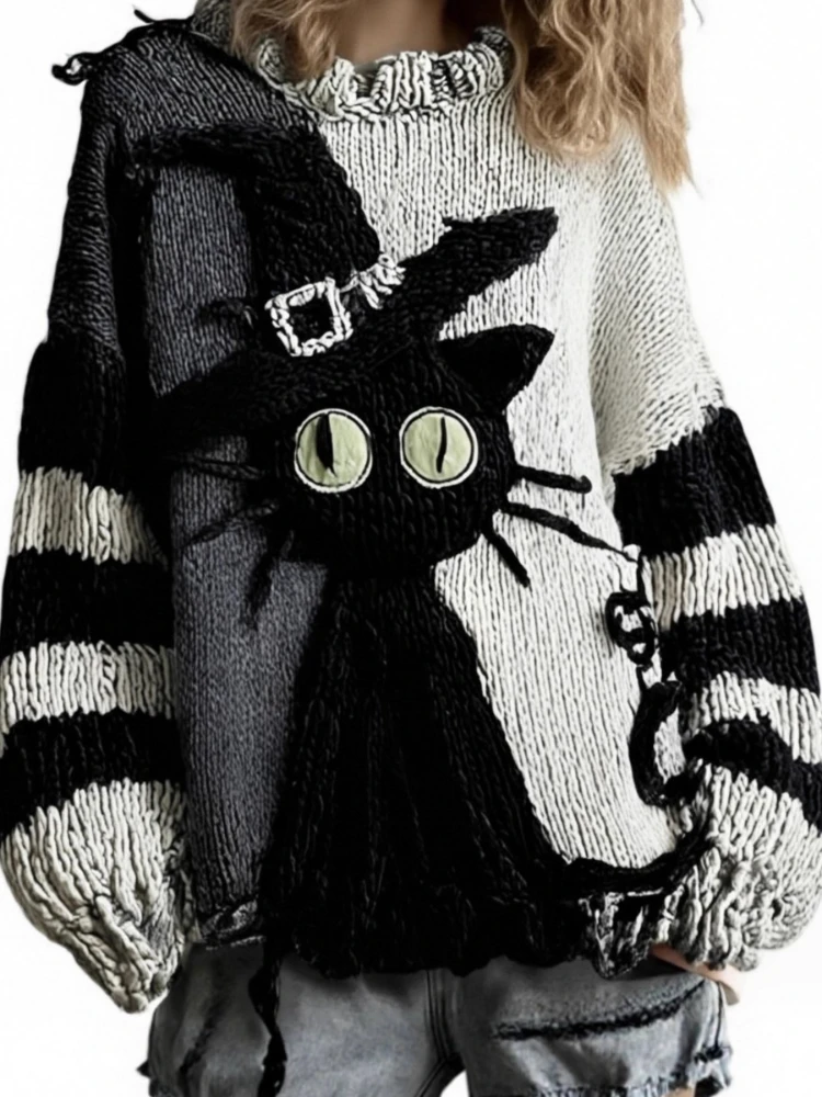

Spooky Face Stitched Women Sweater Halloween Pumpkin Horror Print Streetwear Harajuku Knit Sweater Autumn O Neck Hooded Pullover