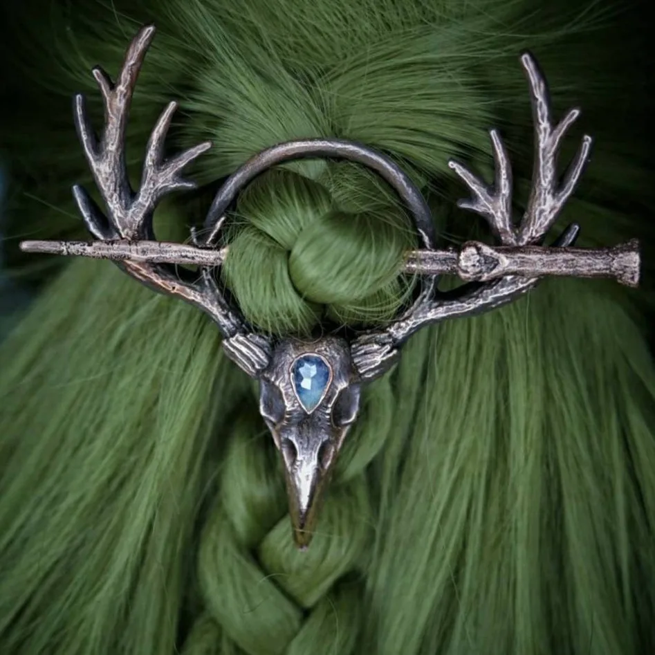 القوطية خمر الغراب الجمجمة Moonstone قرون السيدات دبوس الشعر