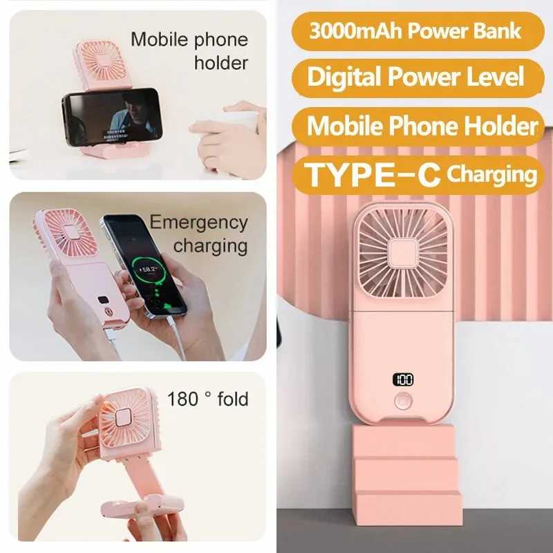 

Handheld digital display small fan, portable USB neck hanging electric fan, mini folding desktop fan