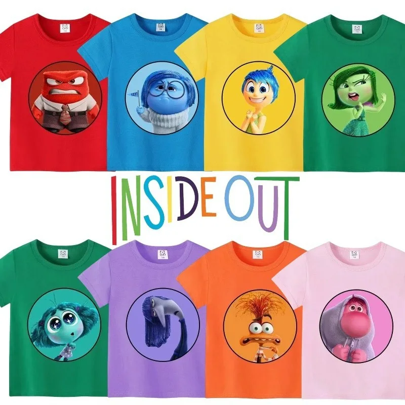 Inside Out 2 Printed T Shirt 100% Cotton Cartoon Joy Sadness Anger Summer Tees Movie Short Sleeves Clothes Gift for Ages 3-14