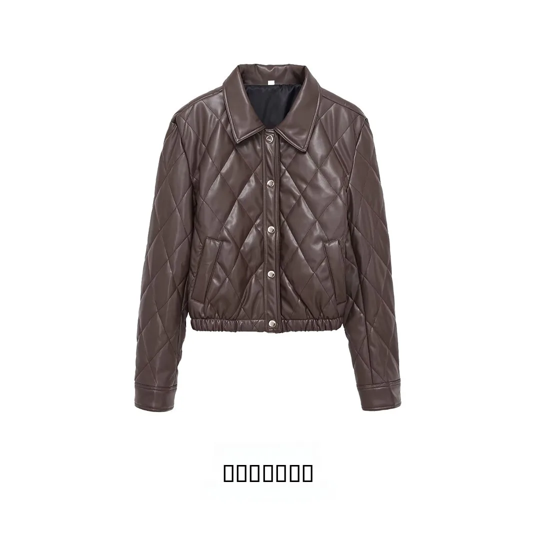 

KASLEAD Women's Long Sve Quilted PU Jaet Coat Turn-down Collar Diamond Pattern Polyester Fiber ort Sve Button Closure