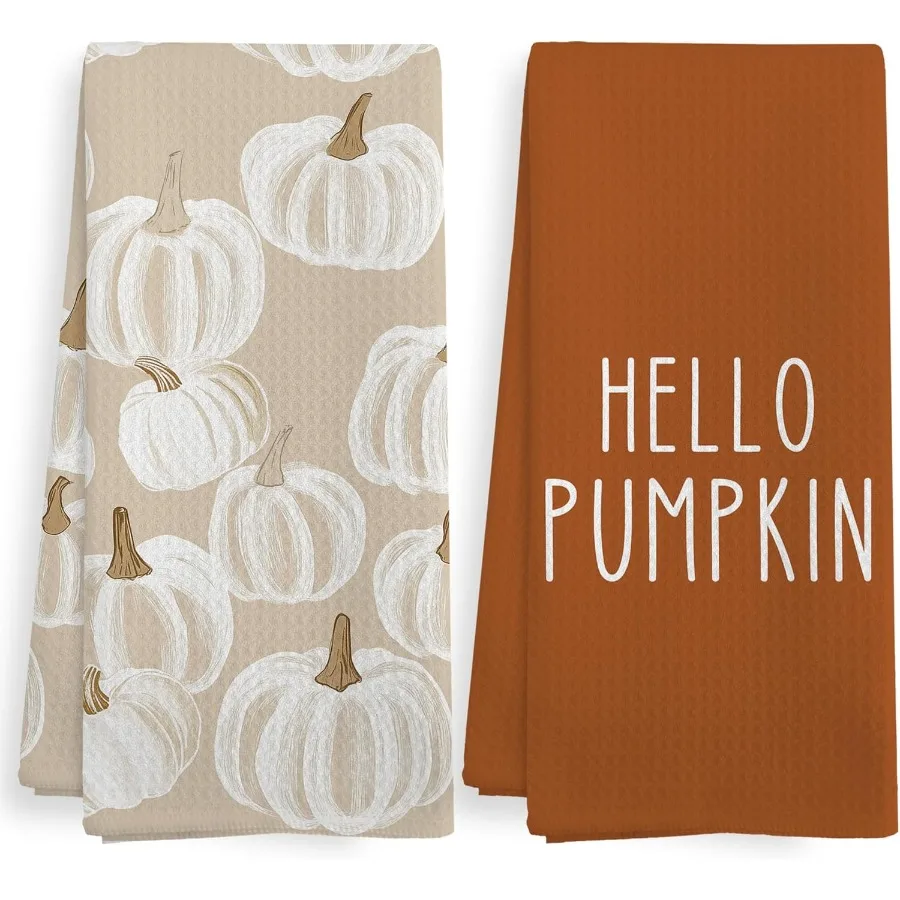 

Fall Hello Pumpkin Kitchen Towels and Dishcloths Sets of 2 Fall Burnt Orange Beige White Pumpkin Decor Dish Hand Tea Towels Gif