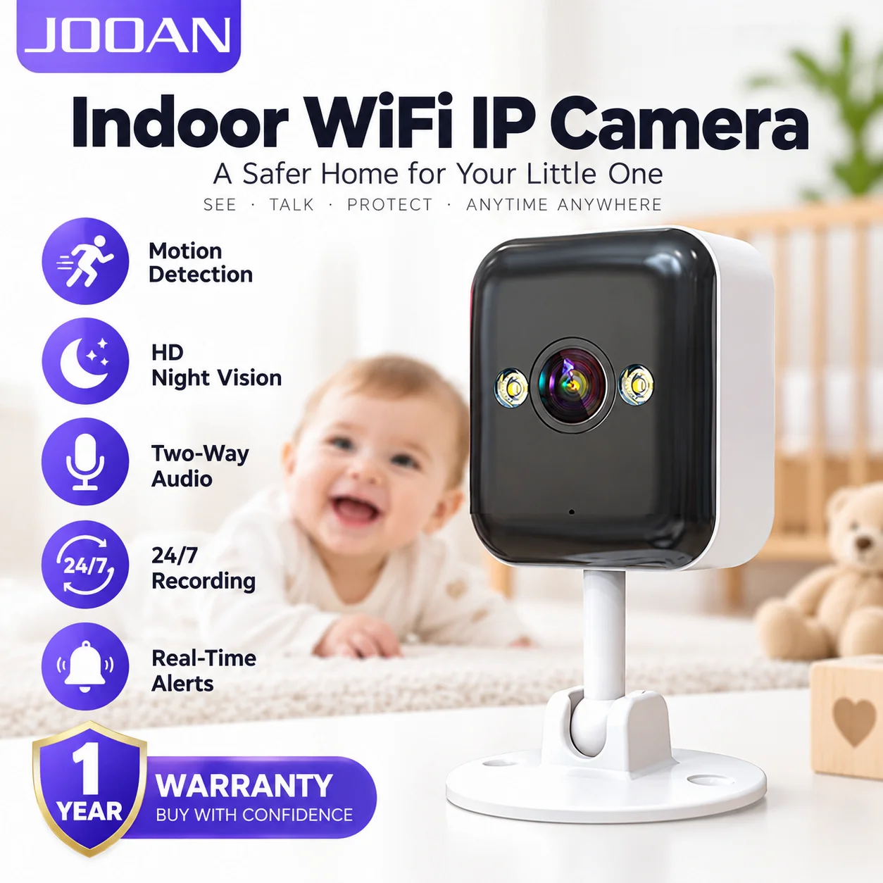 JOOAN 3MP Indoor Security WiFi IP Camera Moiton Detection Night Vision Smart Baby Monitor 24/7 Video Surveillance Camera