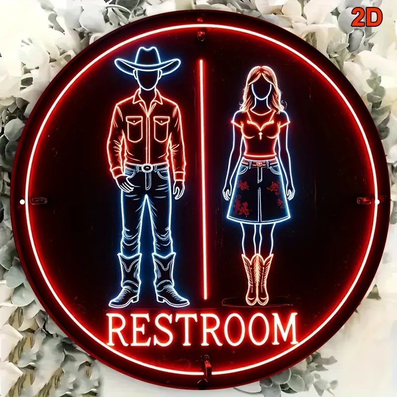 Letrero de neón de vaquero del oeste, arte de pared redondo de aluminio de 8x8 pulgadas, decoración duradera retro para bar, pub, cafetería, baño