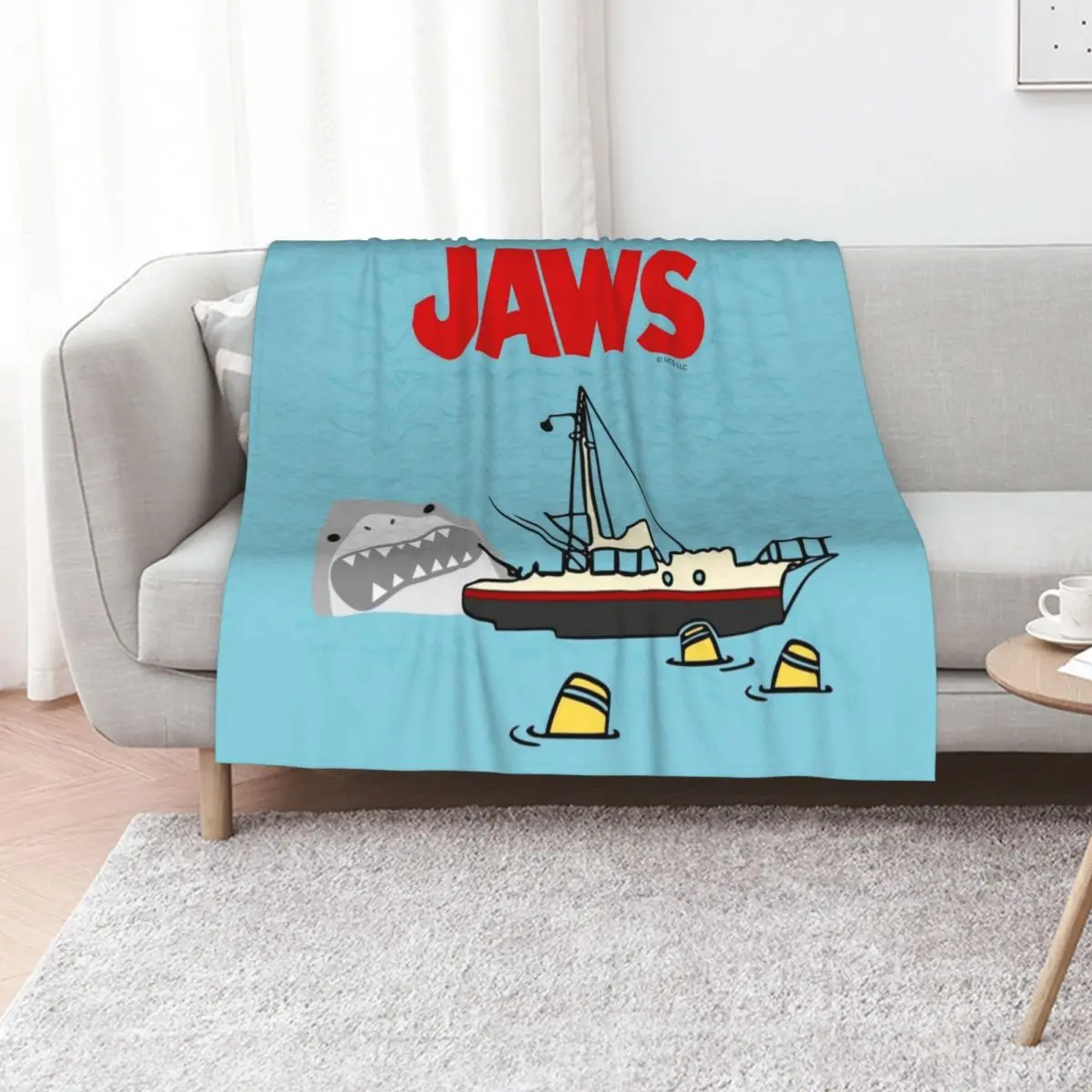 Jaws Movie Fan Art , Shark Beside Boat , Gonna Need A Bigger Boat Throw Blanket wednesday christmas gifts Nap Blankets