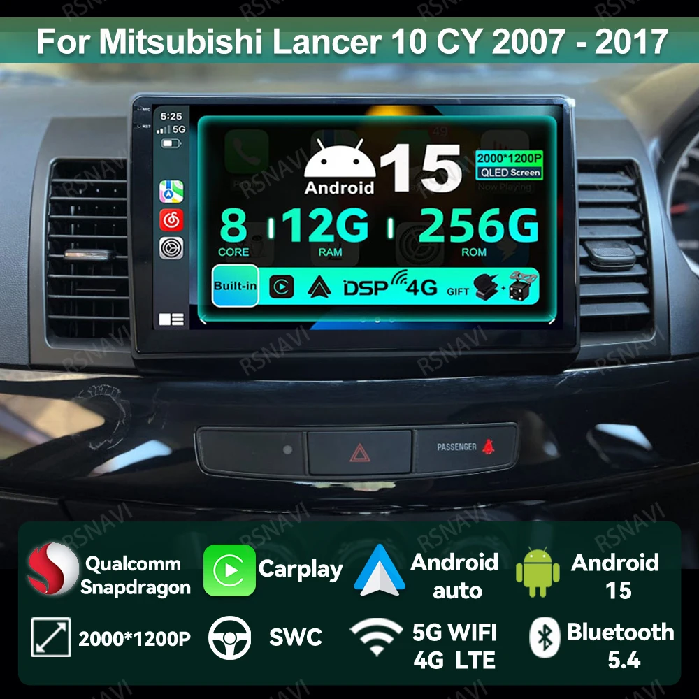 

Car Radio Android 15 For Mitsubishi Lancer 10 CY 2007 - 2017 Multimedia QLED DVD BT Wireless Carplay Auto Qualcomm 4G LTE GPS