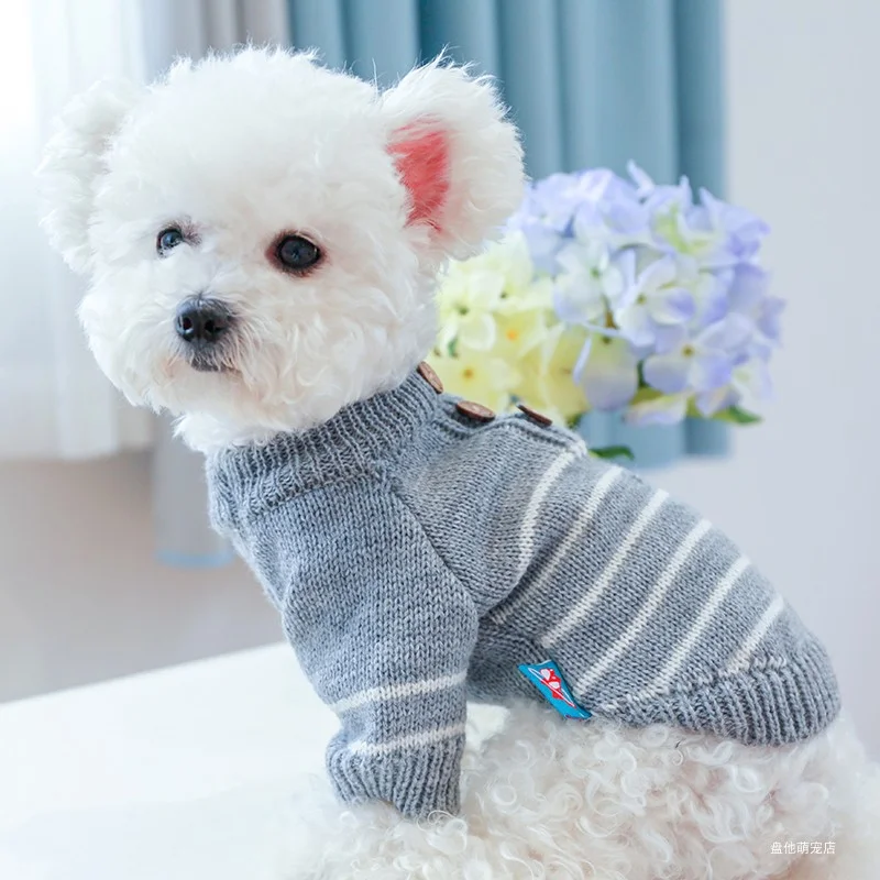 1PC Pet Clothing Cat Autumn and Winter Thickened Grey Stripe Pullover Elastic Knitted Sweater Suitable for Small and Medium Dogs