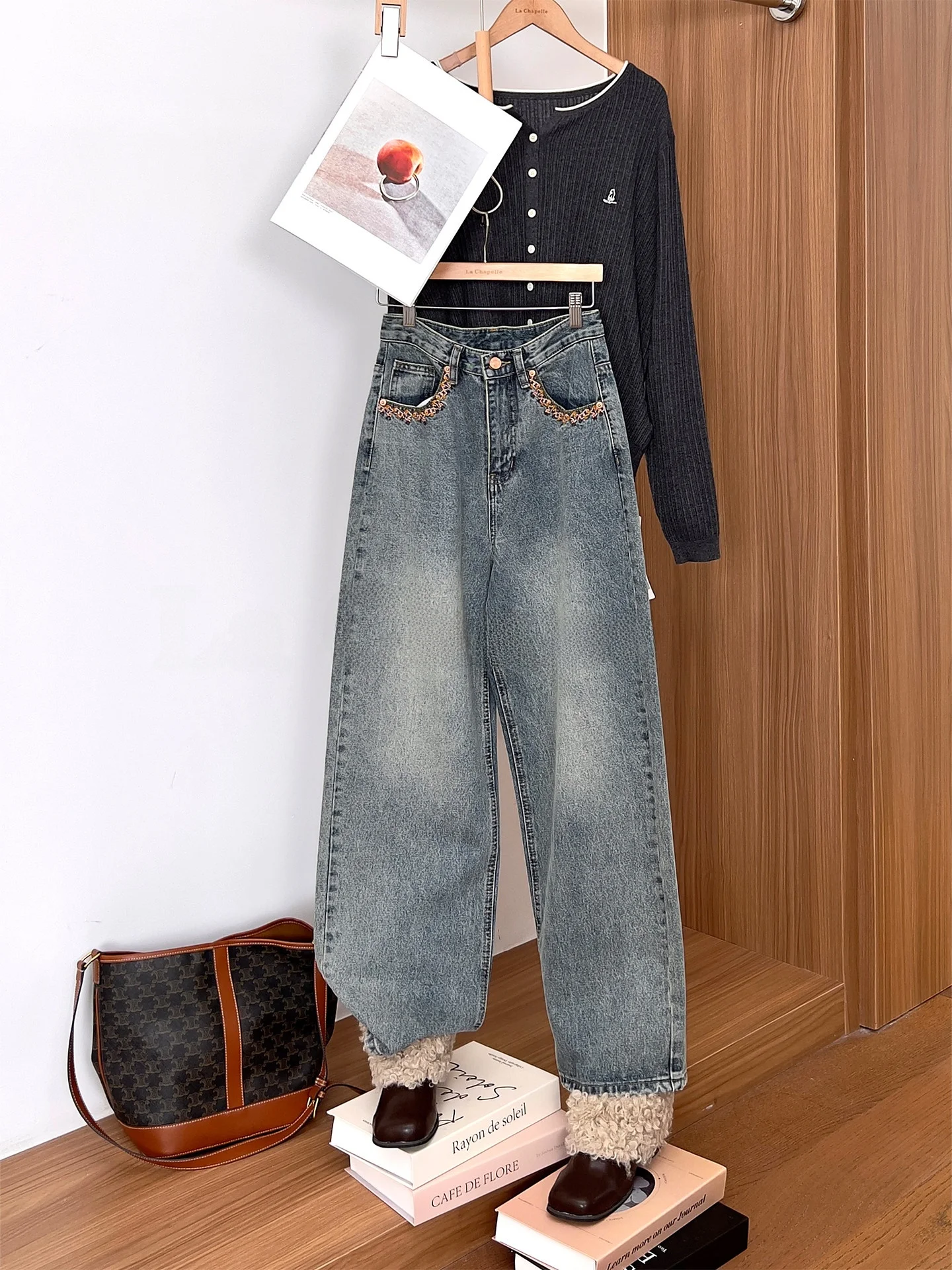 

Джинсы La Chapelle Faion в стиле ретро, прямые, с одной пуговицей, вышивкой и дизайном в стиле хонгконского кэжуал, женские, весенняя новинка