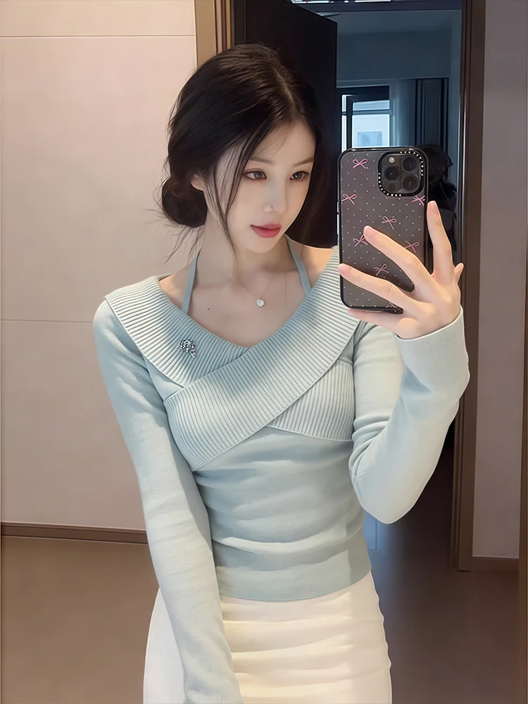 

Синий вязаный свитер с длинным рукавом для женщин, облегающий, с одним открытым плечом, весенне-осенний топ