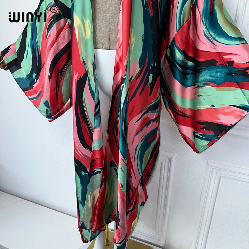 WINYI Kimono Summer Abstract oil painting print Cardigan Female Blouse abaya cover up beach women boho maxi dress party kaftan