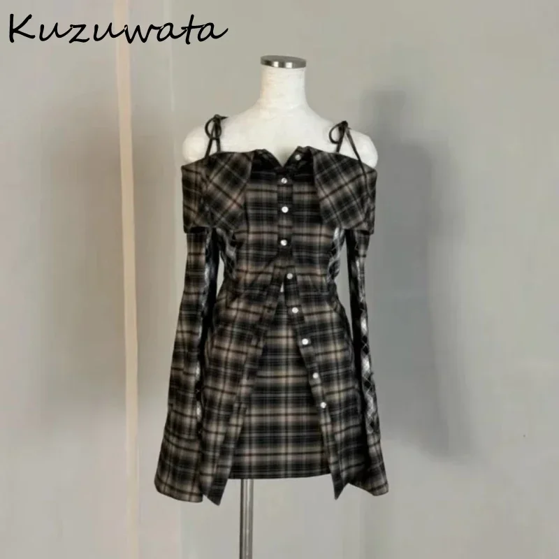 Kuzuwata Personalized Luxury Slash Neck Plaid Shirt Off Shoulder Lovely Pure Desire Lace Up Blouses Japan Minority Elegant Tops