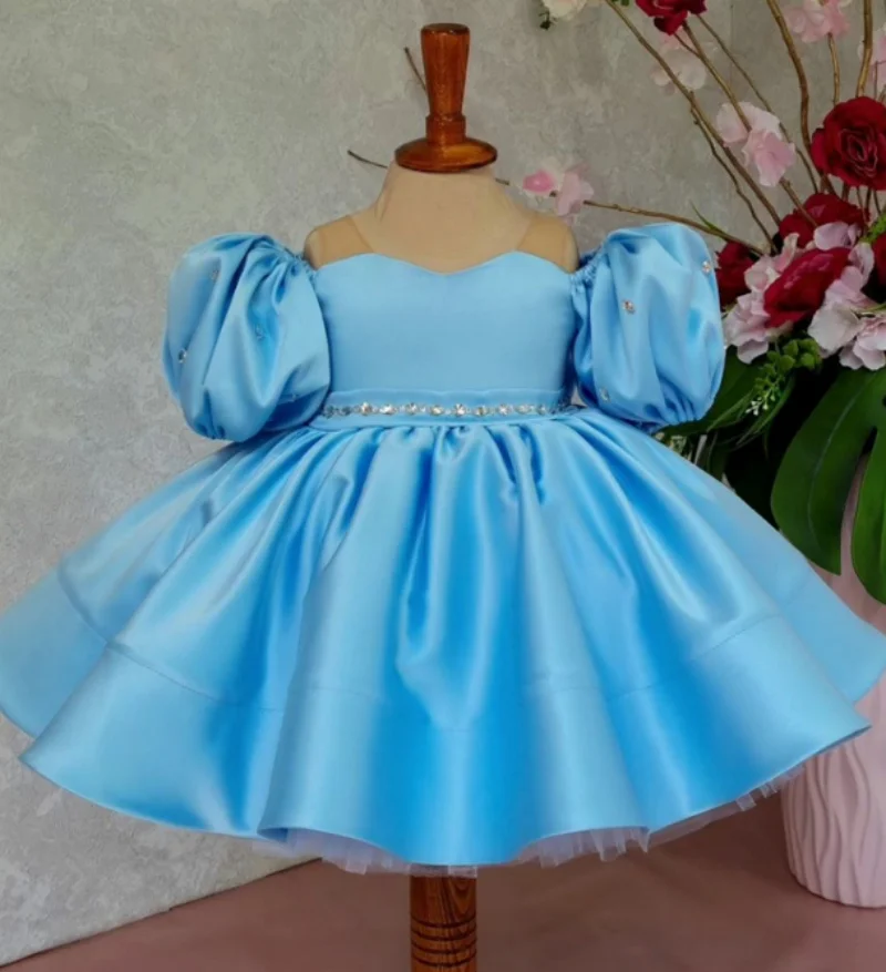 

Blue Pearls Flower Girl Dress Puff Sleeves Sheer Scoop Neck Ruffles Tiered Girl's Party Gown Christmas Pageant Dresses