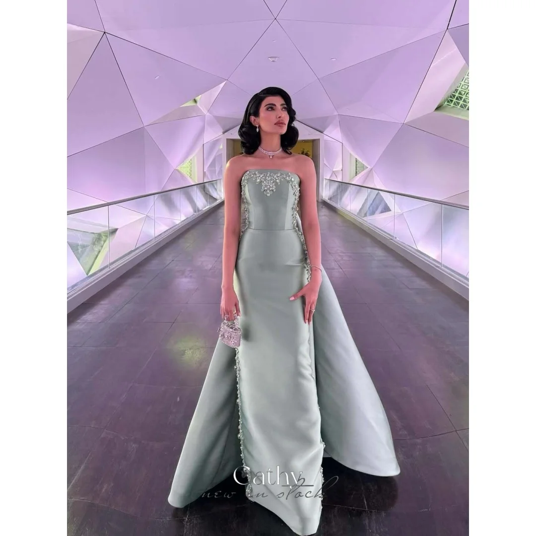 

Cathy Customized Green Strapless Appliques Prom Dress Graceful Sleeveless vestidos de noiva Elegant Floor-Length Formal Evening