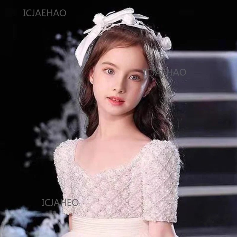 Party Dress 2025 Children Floral Pearlr Girl Piano Host Outfit Kids Princess Birthday Gown Pageant  Dresses ClothesCostume Flowe