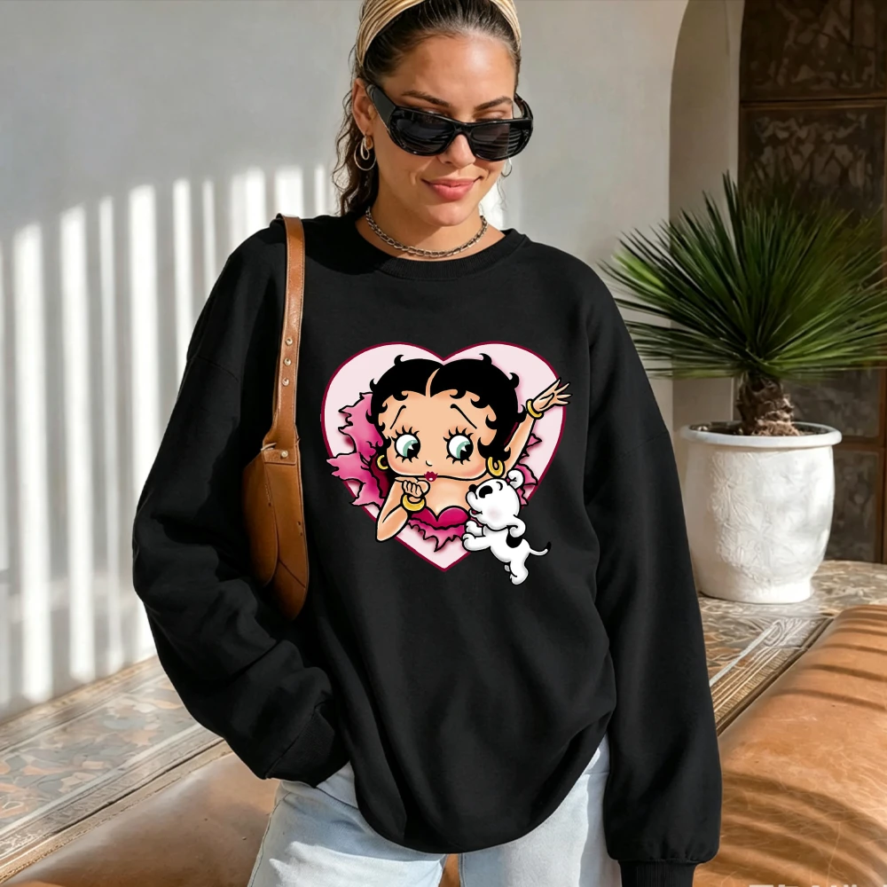 Autumn Betty Boop Vintage Cartoon Cotton Crewneck Sweatshirt Unisex Retro Classic Cartoon Casual Jumper Long Sleeve Women Hoody