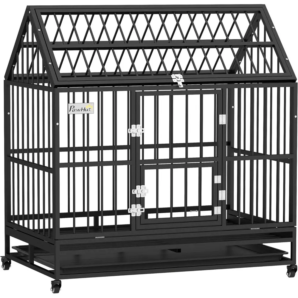 

Sturdy Steel Large Dog Crate with 4 Wheels, Double Door, Removable Tray for Extra Large Breeds - Black