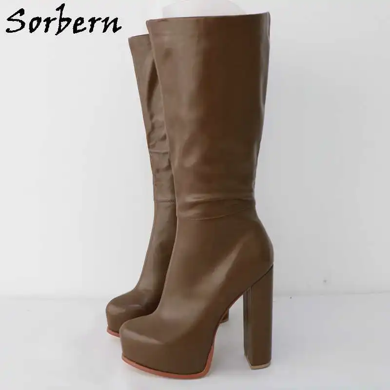 Sorbern Brown Block High Heel Boots For Women Unisex Style Half Zipper Hidden Platform Shoes Round Toe Custom Calf Girth