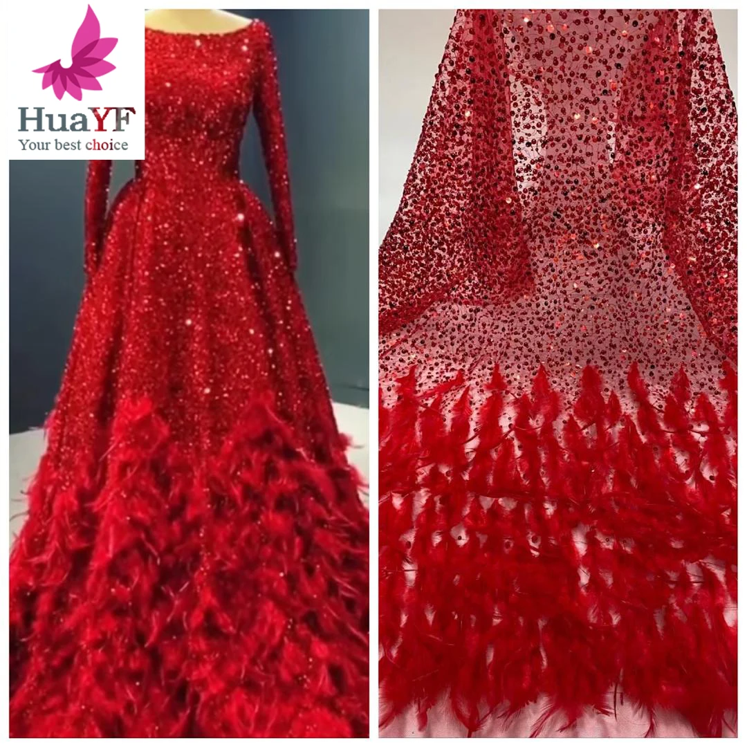 Fashion High-end Red Feather Tulle Lace Shiny Crystal Sequins Net Embroidery Beads Fabric For 1 Yard HY1339