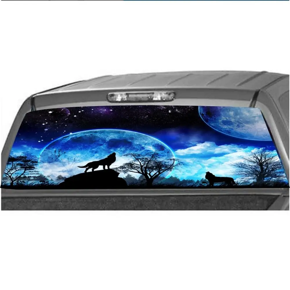 

147 x 46cm Truck SUV Rear Window Sticker Forest Moon Wolf Perforated Vinyl Decal