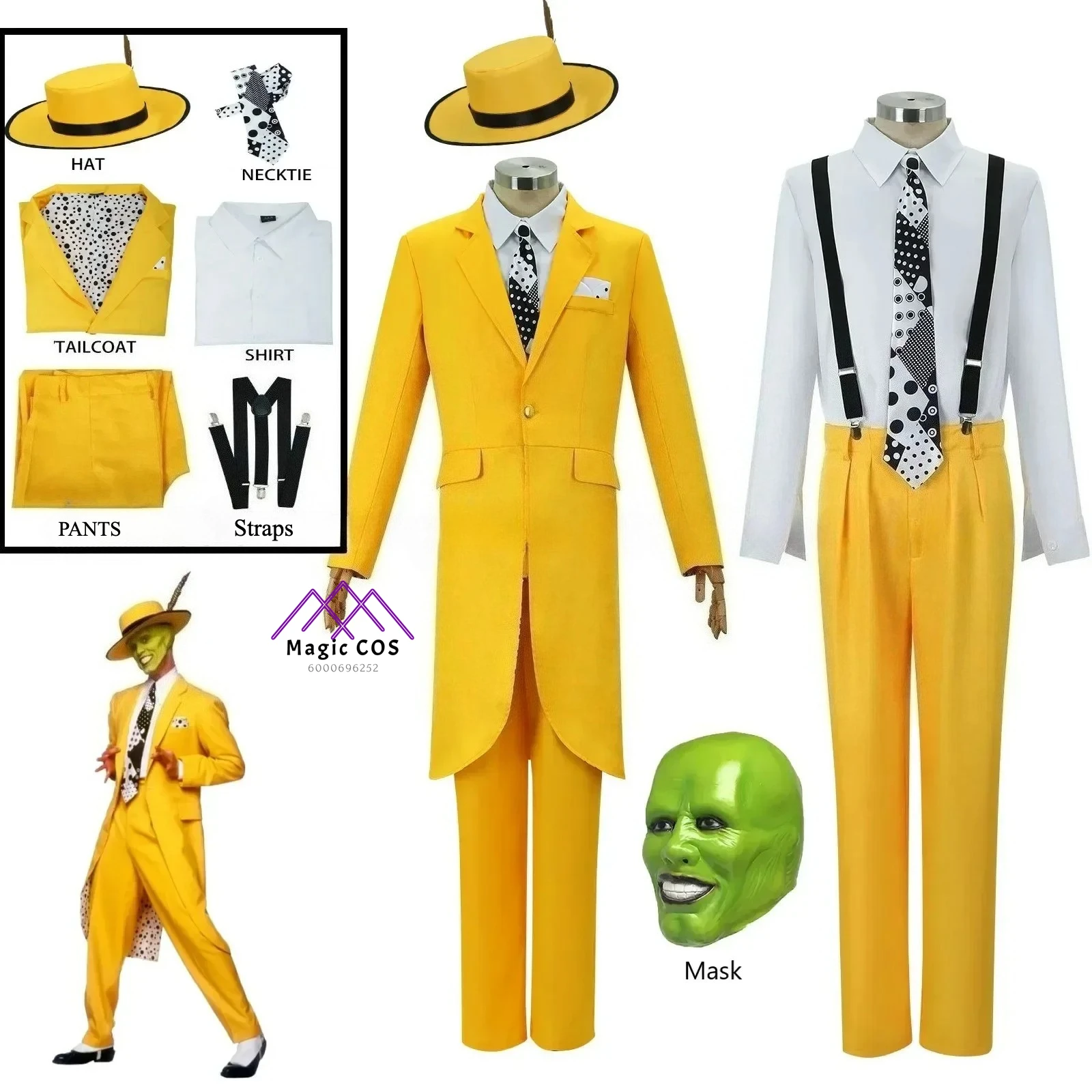 

Movie The Mask Jim Carry Cosplay Costume Men Yellow Uniform Carnival Party Hat Green Mask Halloween Disguise Clown Props Outfits