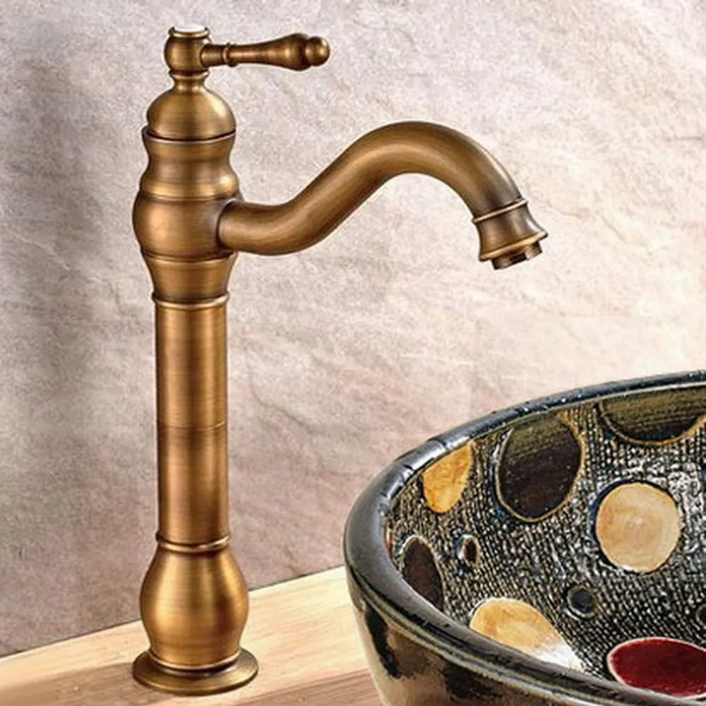 Grifo de lavabo de cocina de baño de latón antiguo, grifo mezclador, caño giratorio, manija única, un orificio, montado en cubierta mnf301